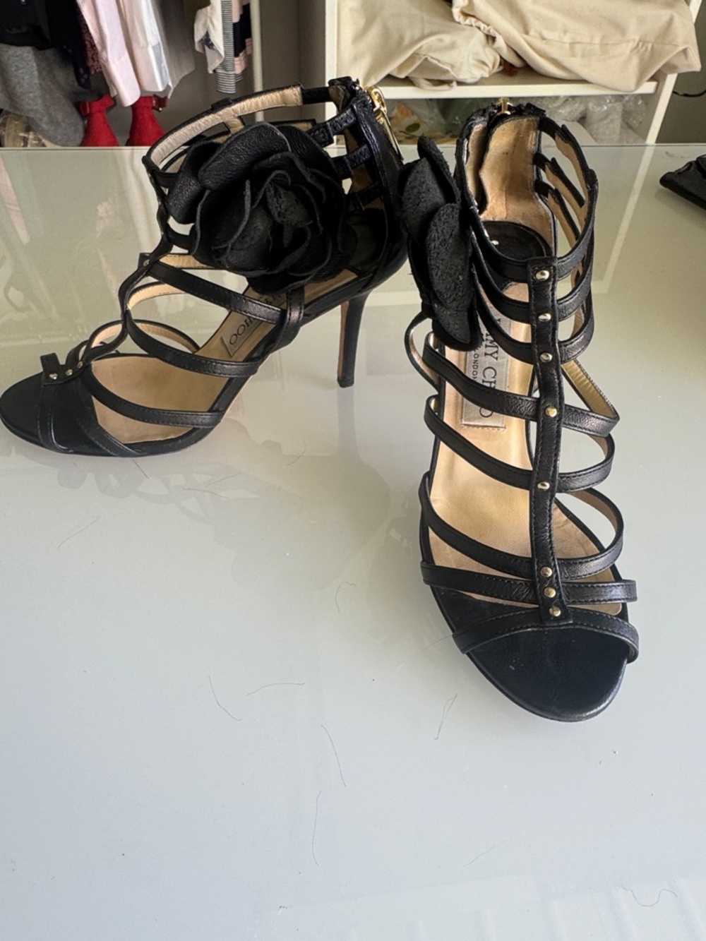 Jimmy Choo Black Strappy Rose Appliqué Stiletto Sandals